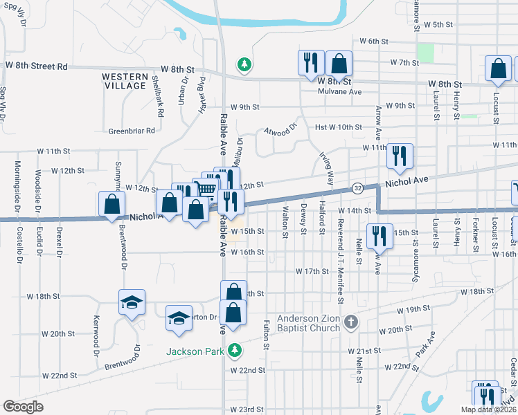 map of restaurants, bars, coffee shops, grocery stores, and more near 2302 Nichol Avenue in Anderson