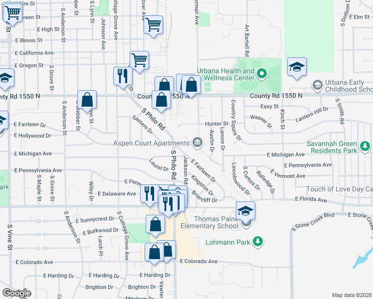 map of restaurants, bars, coffee shops, grocery stores, and more near 1501 Ivanhoe Way in Urbana