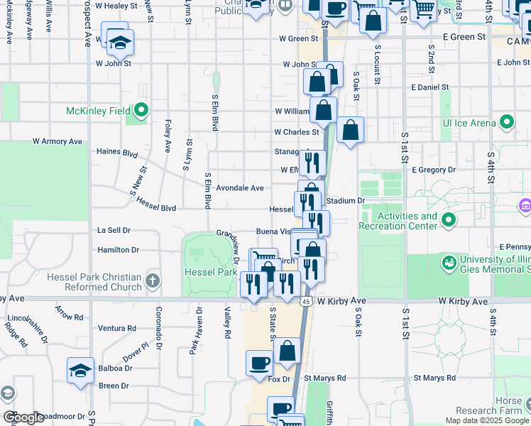 map of restaurants, bars, coffee shops, grocery stores, and more near 214 Hessel Boulevard in Champaign