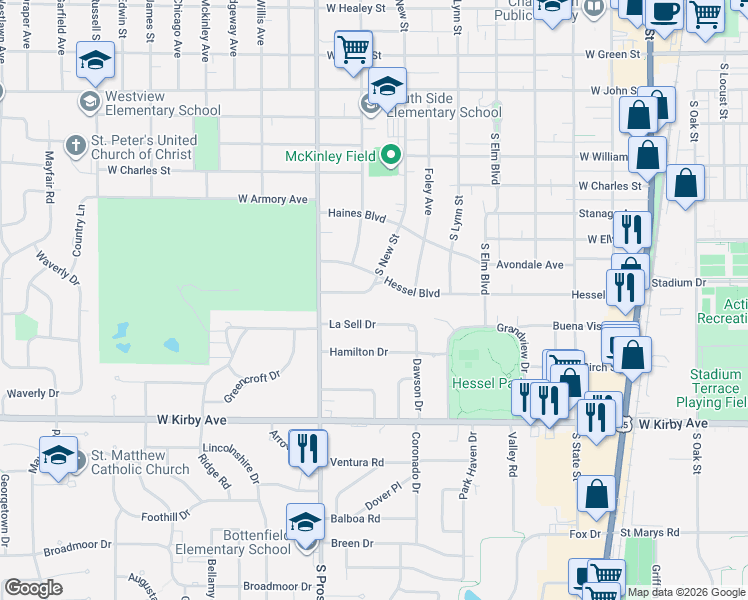 map of restaurants, bars, coffee shops, grocery stores, and more near 702 Fairway Drive in Champaign