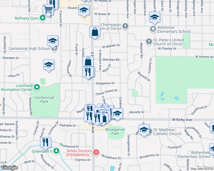 map of restaurants, bars, coffee shops, grocery stores, and more near in Champaign