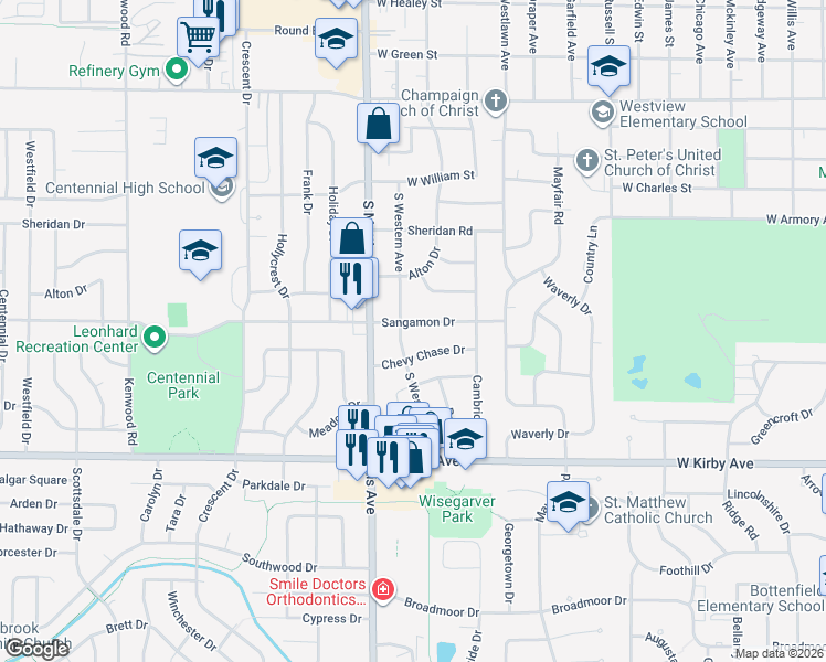 map of restaurants, bars, coffee shops, grocery stores, and more near in Champaign