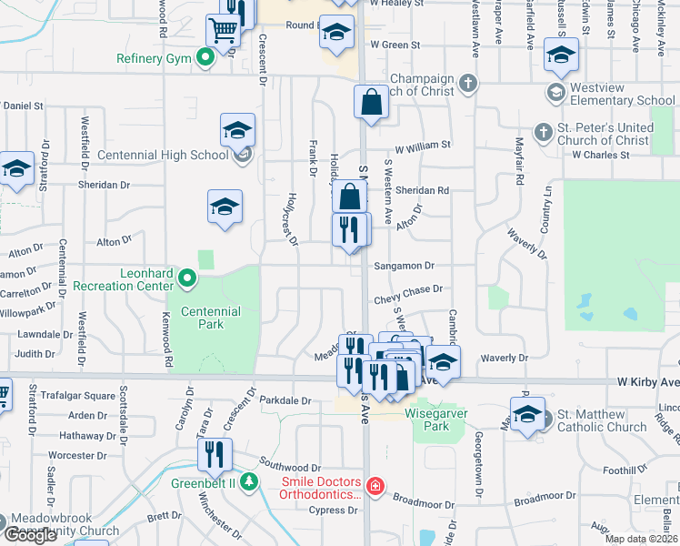 map of restaurants, bars, coffee shops, grocery stores, and more near 1220 Holiday Drive in Champaign
