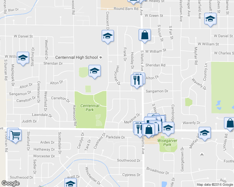 map of restaurants, bars, coffee shops, grocery stores, and more near 1910 Sangamon Drive in Champaign