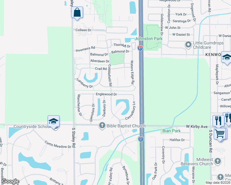 map of restaurants, bars, coffee shops, grocery stores, and more near 3803 Glenn Brooke Road in Champaign