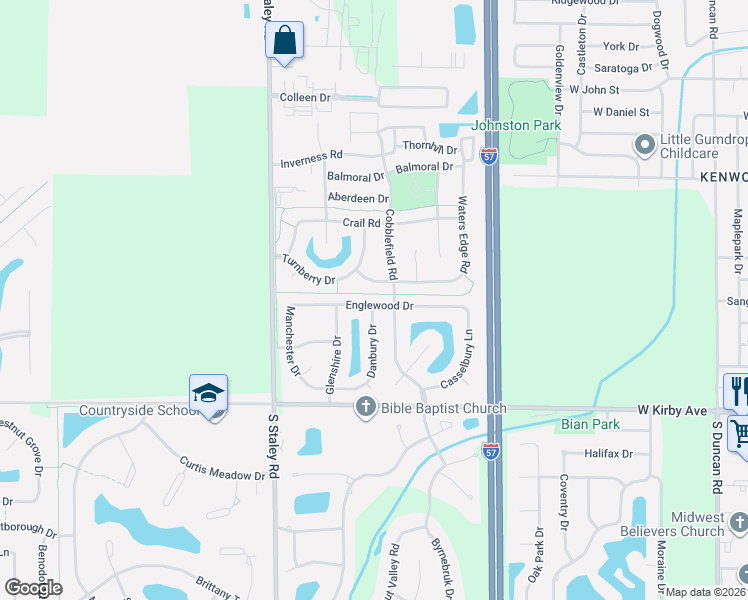 map of restaurants, bars, coffee shops, grocery stores, and more near 1301 Cobblefield Road in Champaign