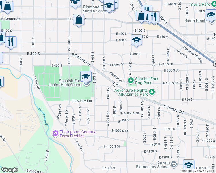 map of restaurants, bars, coffee shops, grocery stores, and more near 610 Birch Drive in Spanish Fork
