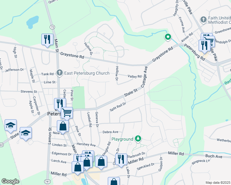 map of restaurants, bars, coffee shops, grocery stores, and more near in East Petersburg