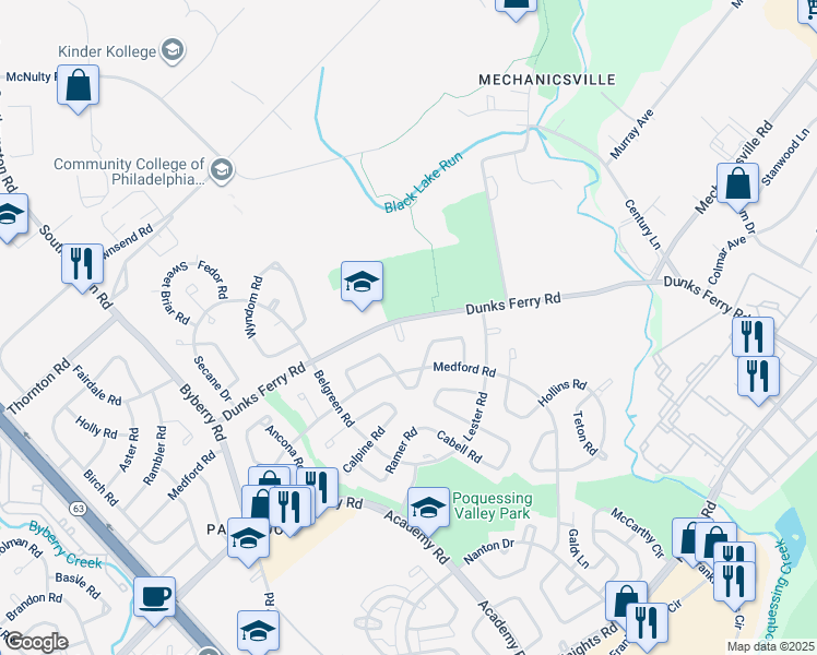 map of restaurants, bars, coffee shops, grocery stores, and more near 12745 Dunks Ferry Place in Philadelphia