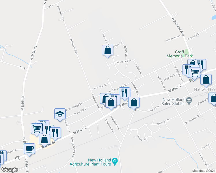 map of restaurants, bars, coffee shops, grocery stores, and more near 406 West Cedar Street in New Holland