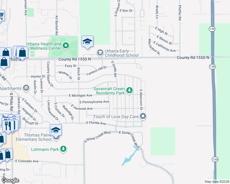 map of restaurants, bars, coffee shops, grocery stores, and more near 1312 South Smith Road in Urbana