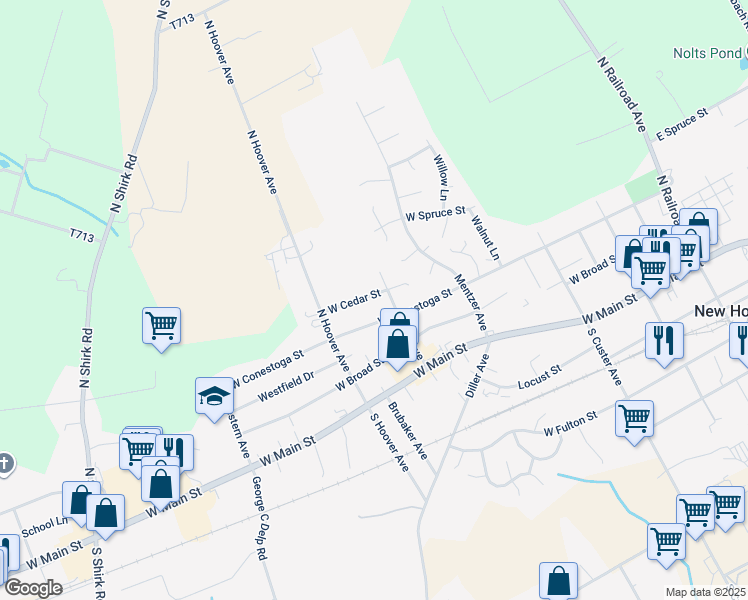 map of restaurants, bars, coffee shops, grocery stores, and more near 410 West Cedar Street in New Holland