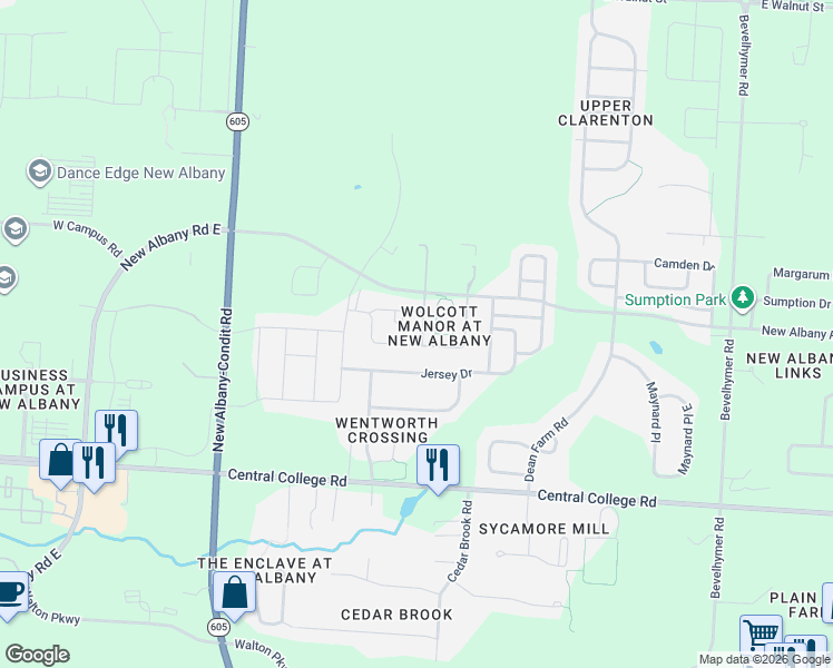 map of restaurants, bars, coffee shops, grocery stores, and more near 5733 Traditions Drive in New Albany