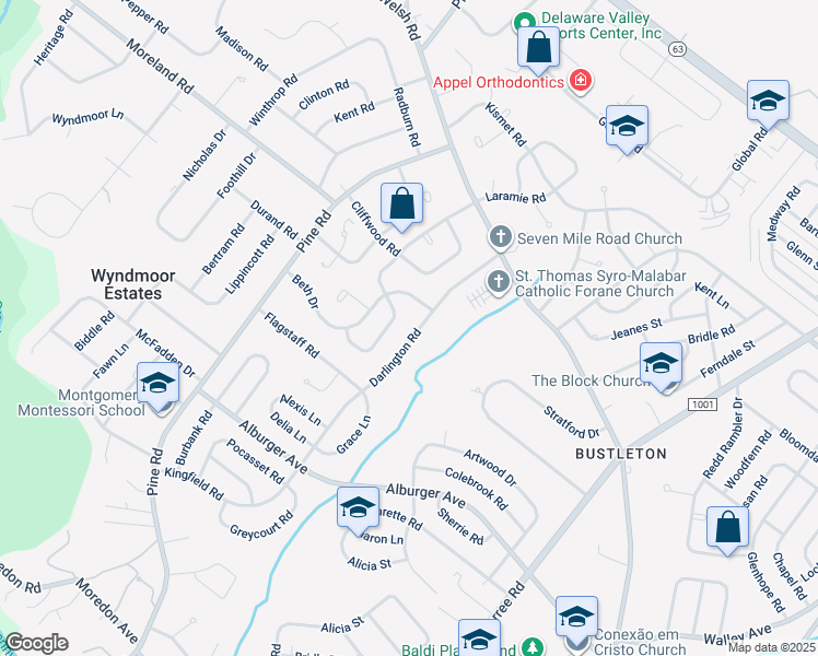 map of restaurants, bars, coffee shops, grocery stores, and more near 9260 Darlington Road in Philadelphia