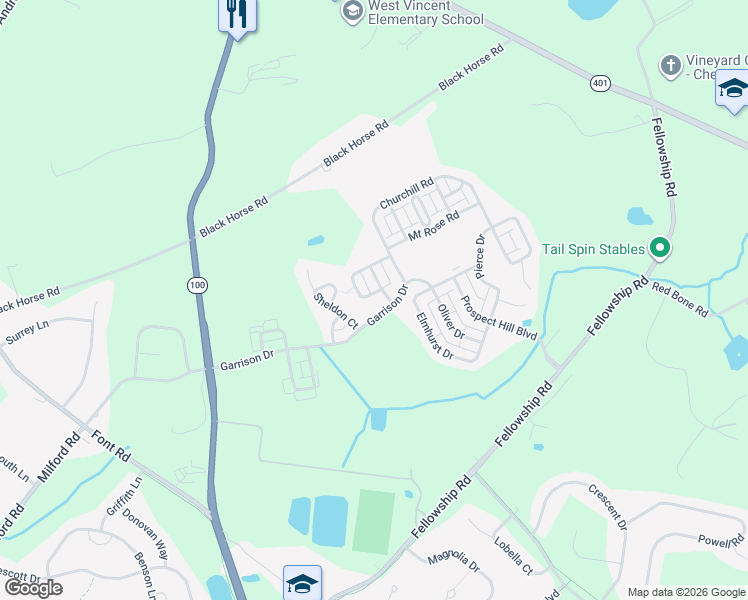 map of restaurants, bars, coffee shops, grocery stores, and more near 1315 Stuart Drive in Chester Springs