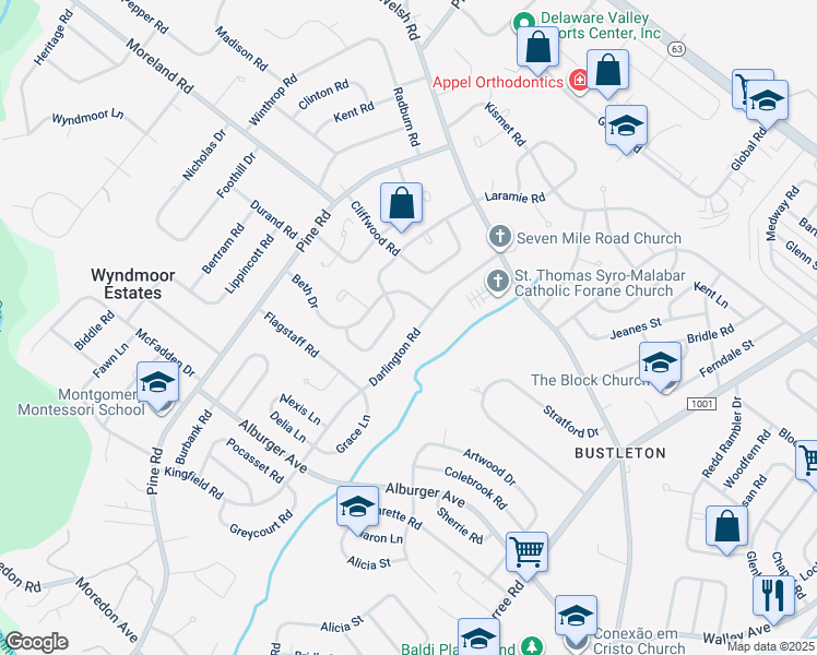 map of restaurants, bars, coffee shops, grocery stores, and more near 9260 Darlington Road in Philadelphia