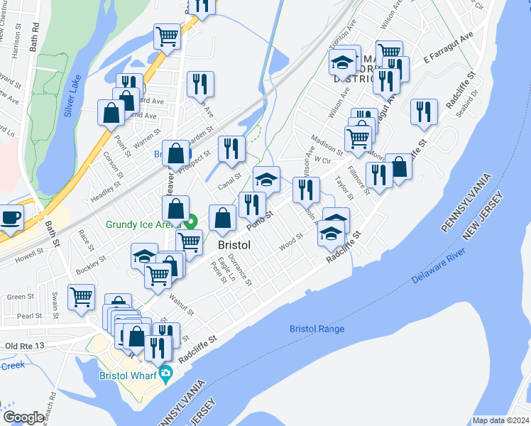 map of restaurants, bars, coffee shops, grocery stores, and more near 923 Pond Street in Bristol