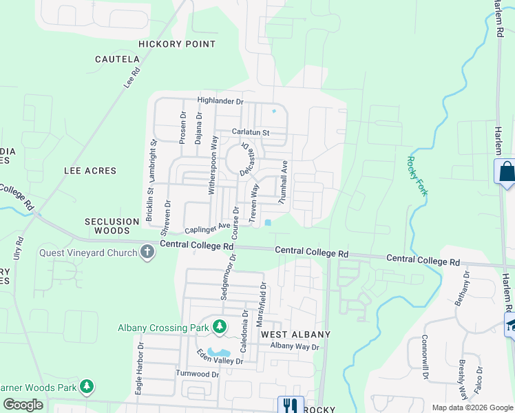 map of restaurants, bars, coffee shops, grocery stores, and more near 6136 Braet Road in Westerville