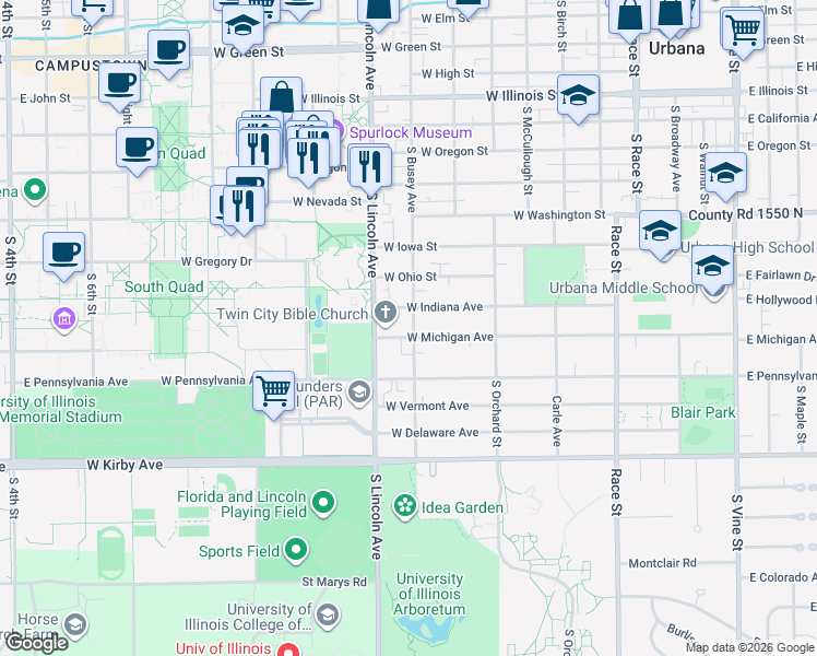map of restaurants, bars, coffee shops, grocery stores, and more near 803 Indiana Avenue in Urbana