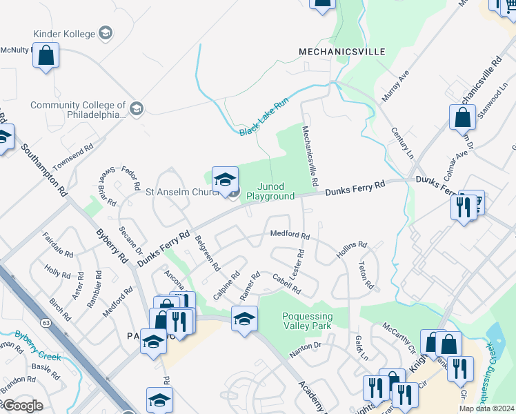 map of restaurants, bars, coffee shops, grocery stores, and more near 12749 Dunks Ferry Road in Philadelphia