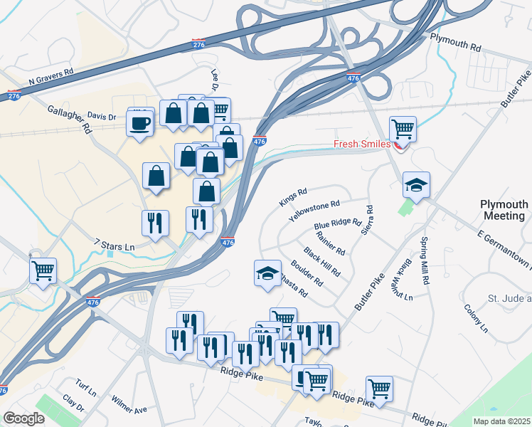 map of restaurants, bars, coffee shops, grocery stores, and more near 210 Kings Road in Plymouth Meeting