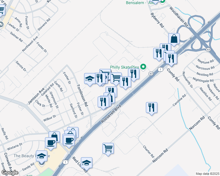 map of restaurants, bars, coffee shops, grocery stores, and more near 11000 Roosevelt Boulevard in Philadelphia