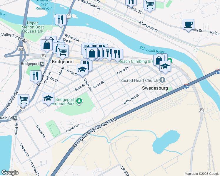 map of restaurants, bars, coffee shops, grocery stores, and more near 403 E Rambo St in Bridgeport