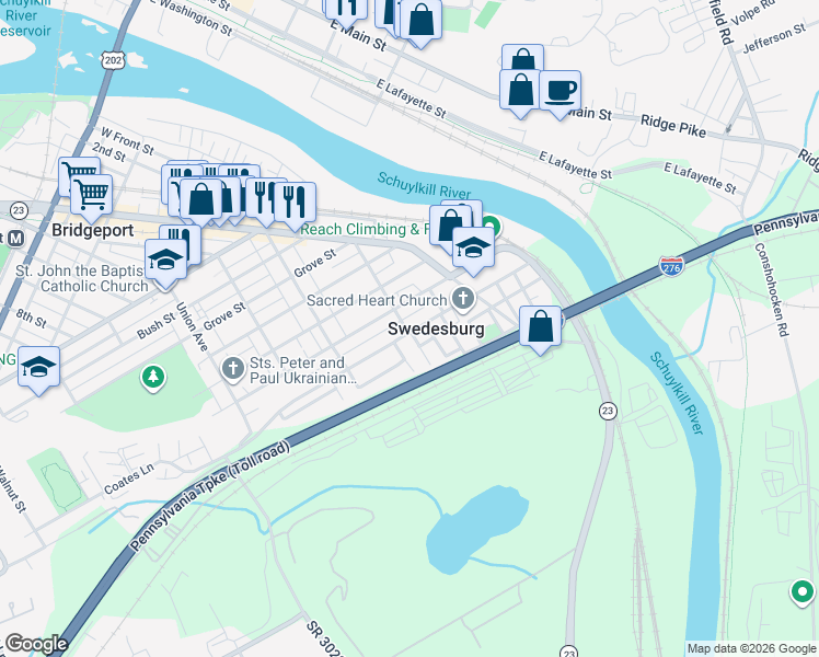 map of restaurants, bars, coffee shops, grocery stores, and more near 803 Coates Street in Bridgeport