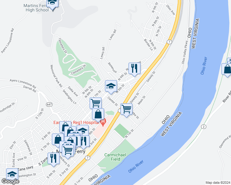 map of restaurants, bars, coffee shops, grocery stores, and more near 523 North 5th Street in Martins Ferry