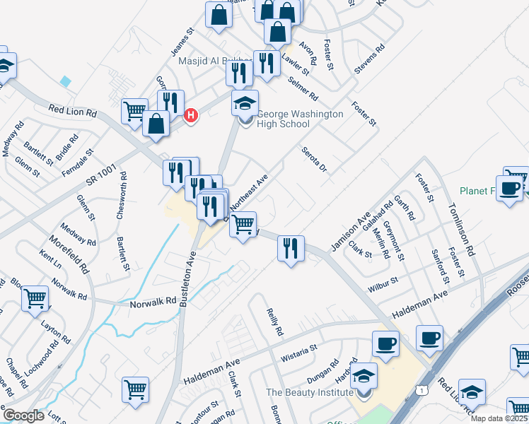 map of restaurants, bars, coffee shops, grocery stores, and more near 10101 Northeast Avenue in Philadelphia