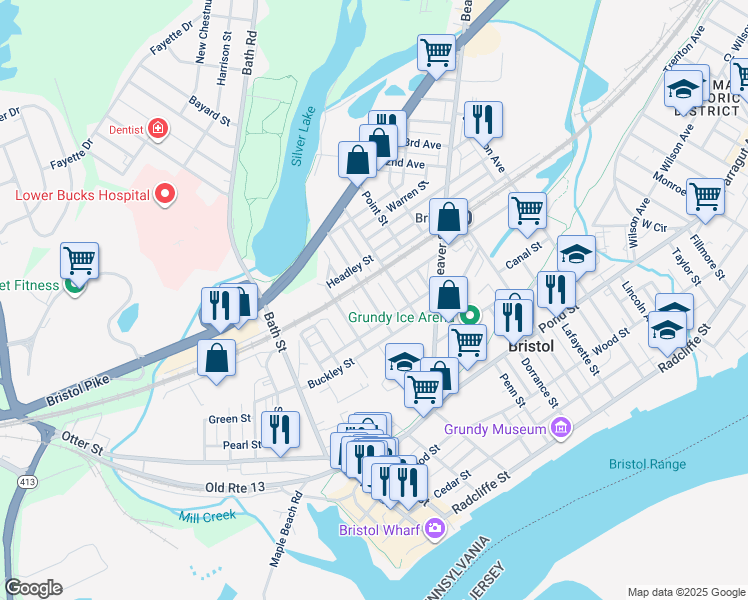 map of restaurants, bars, coffee shops, grocery stores, and more near 651 Pine Street in Bristol