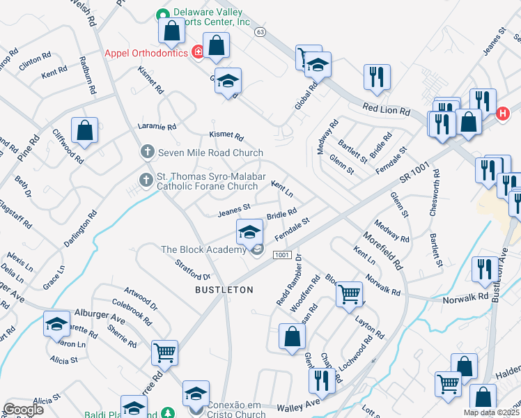 map of restaurants, bars, coffee shops, grocery stores, and more near 9855 Jeanes Street in Philadelphia