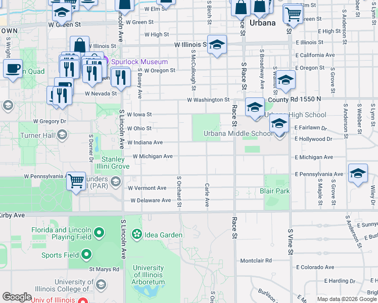 map of restaurants, bars, coffee shops, grocery stores, and more near 501 Indiana Avenue in Urbana