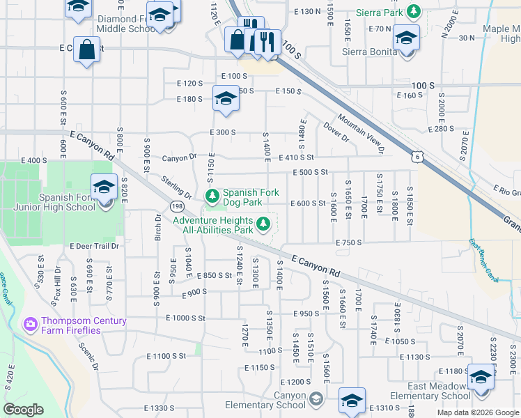 map of restaurants, bars, coffee shops, grocery stores, and more near 1385 East 600 South Street in Spanish Fork