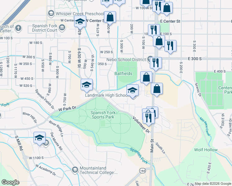 map of restaurants, bars, coffee shops, grocery stores, and more near 260 West 500 South in Spanish Fork