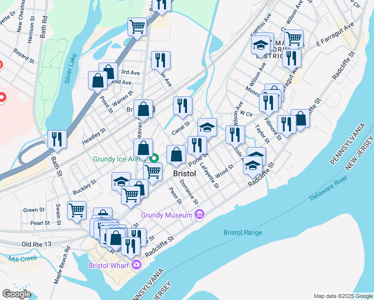 map of restaurants, bars, coffee shops, grocery stores, and more near 442 Lafayette Street in Bristol