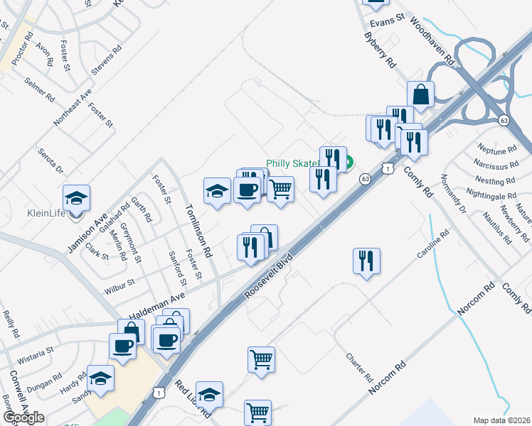 map of restaurants, bars, coffee shops, grocery stores, and more near 11000 Roosevelt Boulevard in Philadelphia