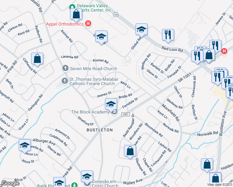 map of restaurants, bars, coffee shops, grocery stores, and more near 9855 Jeanes Street in Philadelphia