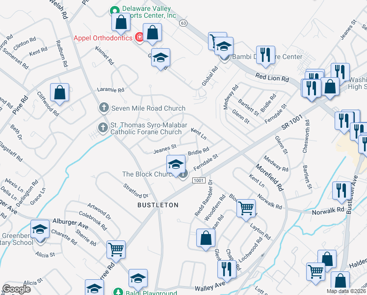 map of restaurants, bars, coffee shops, grocery stores, and more near 9856 Jeanes Street in Philadelphia