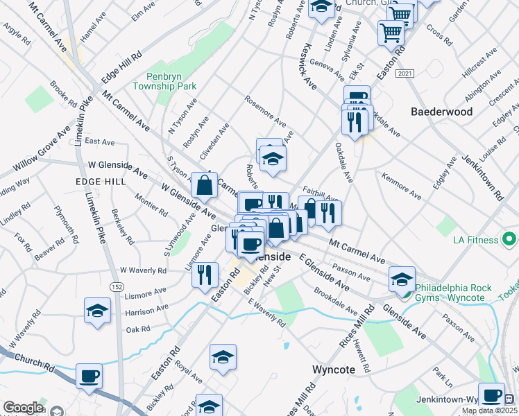 map of restaurants, bars, coffee shops, grocery stores, and more near 116 Roberts Avenue in Glenside