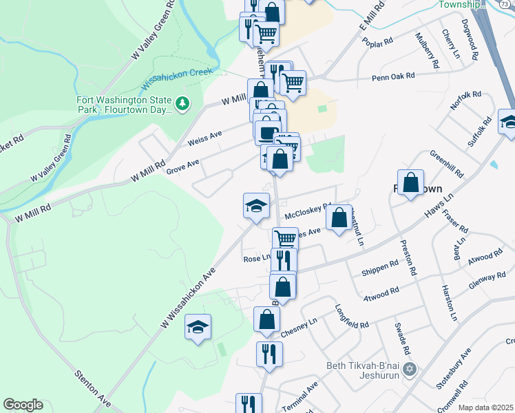 map of restaurants, bars, coffee shops, grocery stores, and more near 9 West Wissahickon Avenue in Flourtown
