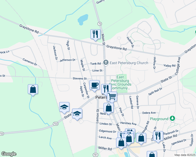 map of restaurants, bars, coffee shops, grocery stores, and more near 1928 Broad Street in East Petersburg