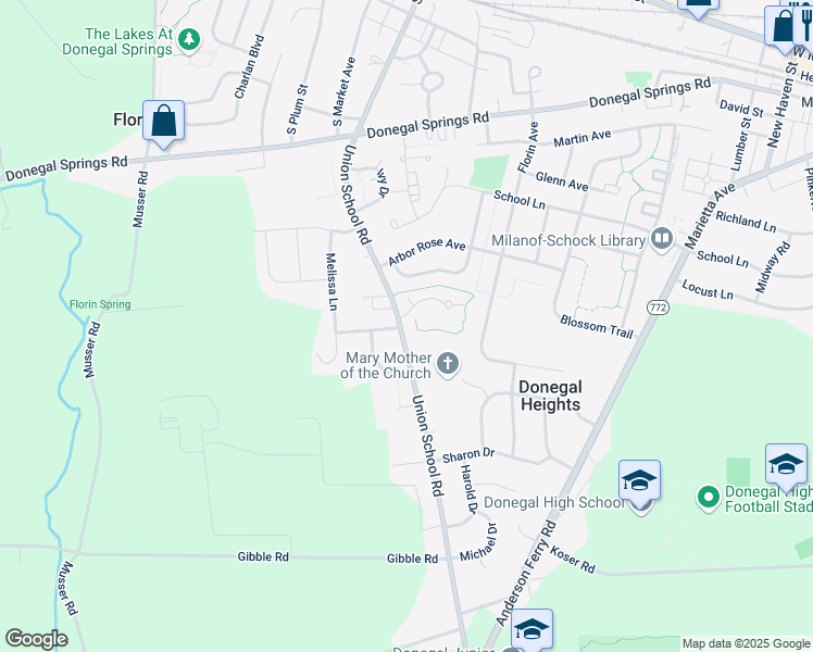 map of restaurants, bars, coffee shops, grocery stores, and more near 605 Union School Road in Mount Joy