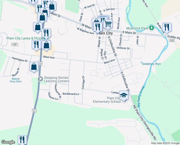 map of restaurants, bars, coffee shops, grocery stores, and more near 470 Smucker Lane in Plain City