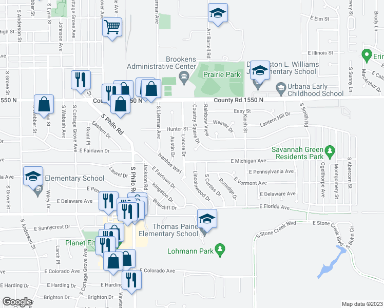 map of restaurants, bars, coffee shops, grocery stores, and more near 1114 Lanore Drive in Urbana