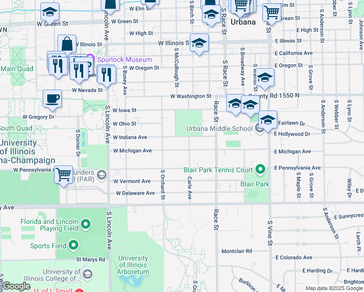 map of restaurants, bars, coffee shops, grocery stores, and more near 309 Indiana Avenue in Urbana