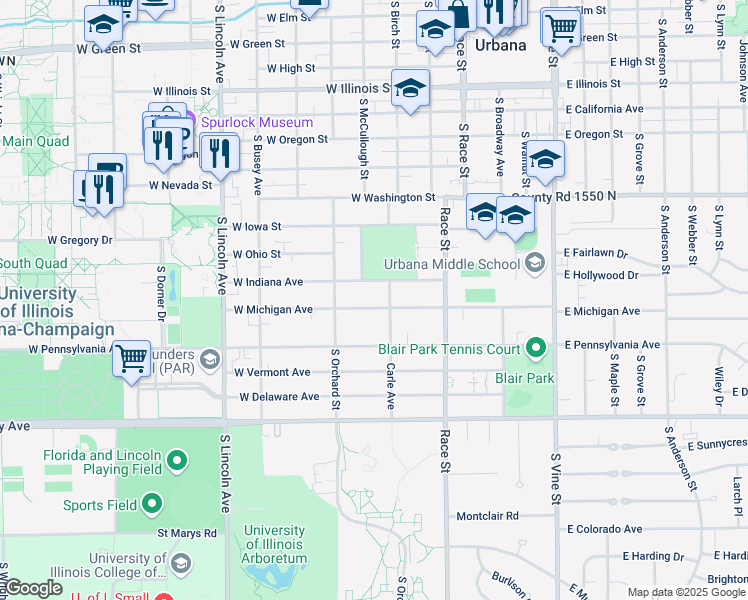 map of restaurants, bars, coffee shops, grocery stores, and more near 309 Indiana Avenue in Urbana