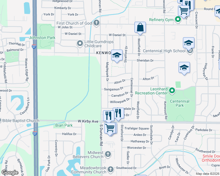 map of restaurants, bars, coffee shops, grocery stores, and more near 1211 Maplepark Drive in Champaign