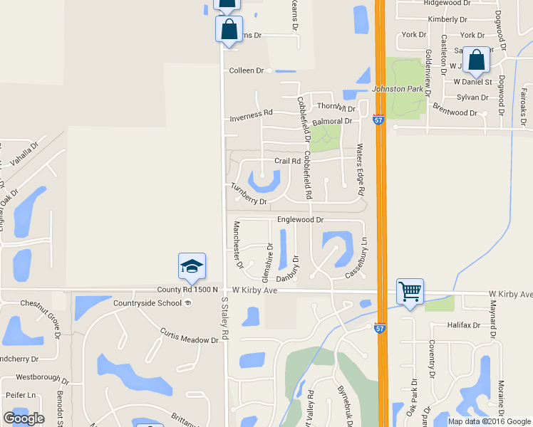 map of restaurants, bars, coffee shops, grocery stores, and more near 4103 Turnberry Drive in Champaign