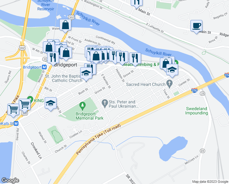 map of restaurants, bars, coffee shops, grocery stores, and more near 401 East Rambo Street in Bridgeport